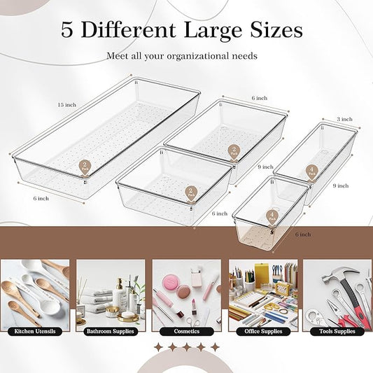 Criusia 14 PCS Clear Plastic Drawer Organizer Set - 5 Large Size Versatile Kitchen and Bathroom Organizer Trays, Non-Slip Storage Bins for Makeup, Utensils, Tool and Office Desk