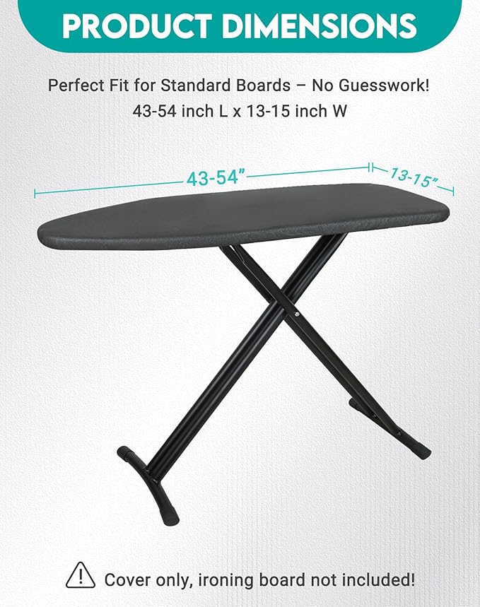 ZOES HOMEWARE 2025 Reinforced Ironing Board Cover and Pad, 15x54 Standard Size, Extra Thick Padding and Heat-Reflective Aluminium Coating, Multi-Layer Design with Elastic Edges Set, Black