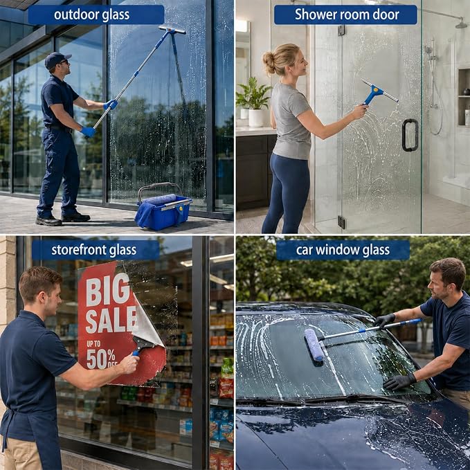 Window Cleaning Kit with Extension Pole Professional Window Washing Kit | with Bucket, 79"Window Squeegee with Microfiber Scrubber Scraper,Window Cleaner Tool for Indoor Outdoor High Windows