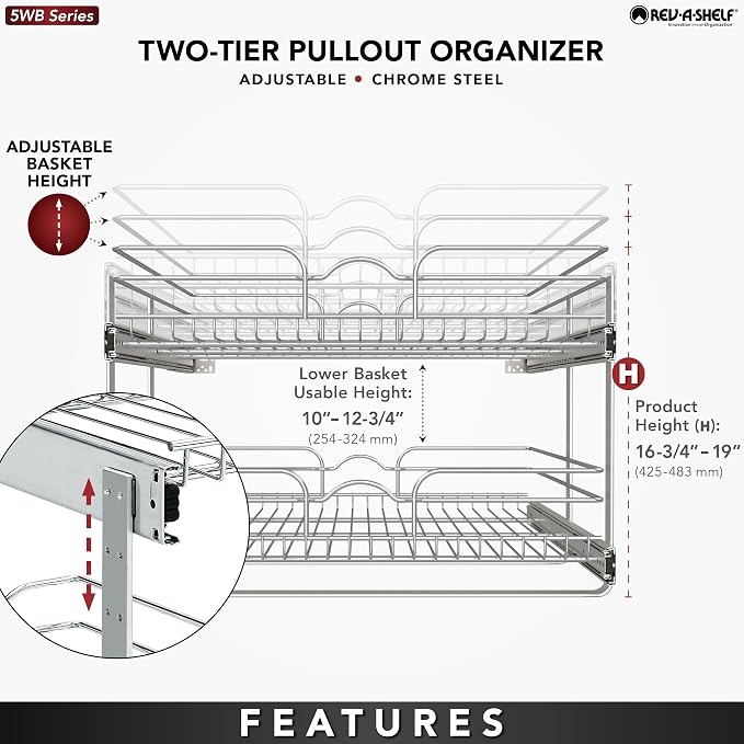 Rev-A-Shelf Pullout Organizer for Cabinets, Min Opening Width of 24" | Two-Tier Steel Shelf for Kitchen or Vanity Cabinet Organization, Heavy Gauge Wire Slide Out Storage Basket, 5WB2-2422-CR-1