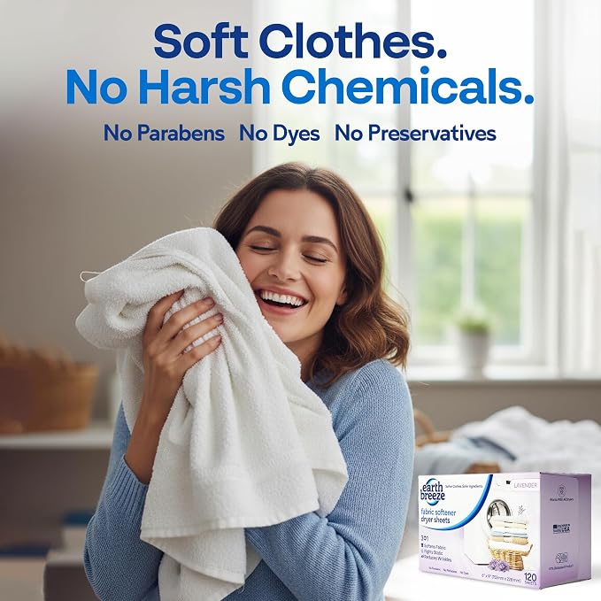Earth Breeze Fabric Softener Dryer Sheets Lavender (1 Pack) | Hypoallergenic, No Harsh Chemicals, Safe Ingredients – Soft Clothes – Static Cling & Wrinkle Reducer – Gentle Fabric Care