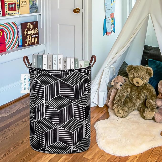 Round Laundry Basket Collapsible Storage Hamper Organizer Black diamond | Waterproof Canvas Foldable Baskets with sturdy Handles Multi-scene Organizer for Home Play Bedroom Gift Bin