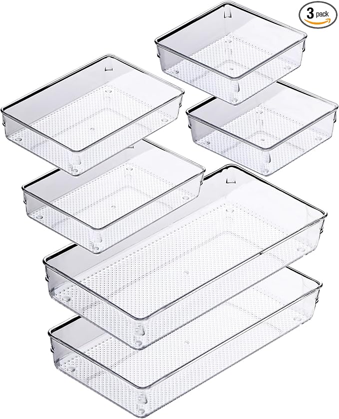 3 Pack Clear Plastic Drawer Organizer Tray Cutlery Utensil Makeups Drawer Silverware Organizers 12" X 6"… (6P(6X6+6X9+6X15))