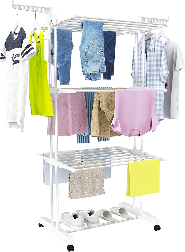HOMIDEC Clothes Drying Rack, 4-Tier(67.7" H) Foldable Drying Rack Clothing | Foldable Stainless Steel Drying Rack, Movable Laundry Drying Rack with 4 Castors and 14 Hooks for Bed Linen, Clothing, White