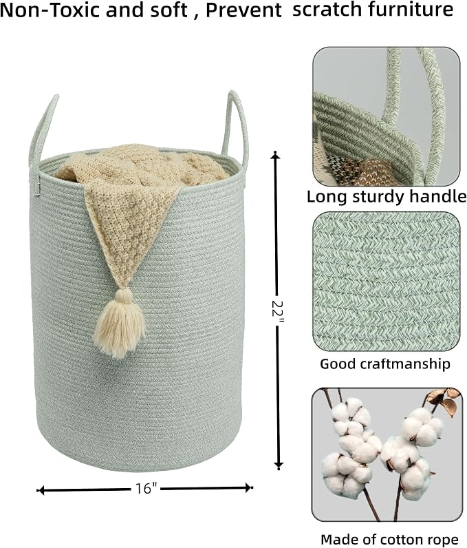 XUANGUO Cotton Rope Laundry Basket Hamper for Clothes,Large green | Woven Storage Basket for Living Room Bedroom Boho Tall Rope Baskets for Blanket Toys Pillow Towels Baby Nursery Hamper Bin