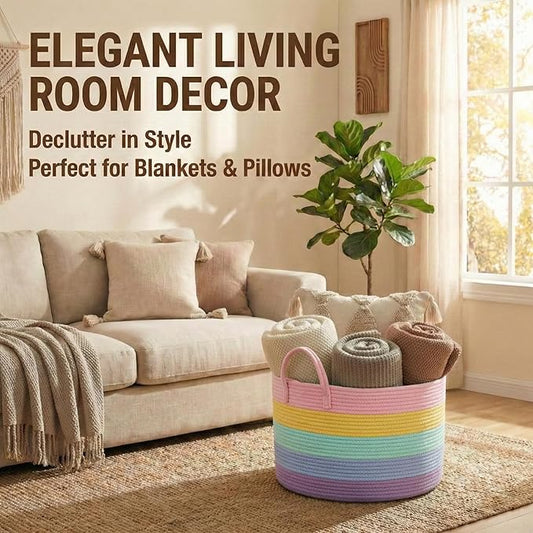 JMvicyroam 65L Extra Large Blanket Basket for Living Room - Woven Cotton Rope Laundry Hamper with Reinforced Handles - Storage Bin for Pillows, Comforters & Toys - Machine Washable,Rainbow