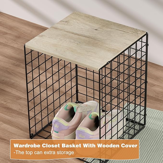 3-Pack Taller Closet Organizers and Storage with Wood Top, Stackable Wire Storage Bins for Clothes, Bags, Towels, Double Storage Design, Sturdy Metal Cube Shelf Organizer for Closet Wardrobe, Black