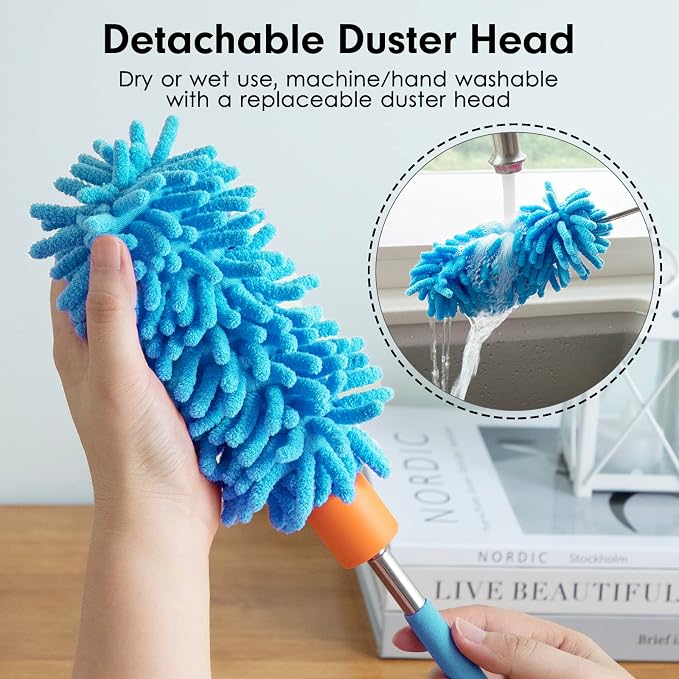 Duster for Cleaning, 10-29" Extension Pole, 2 Washable Heads, Blue | Microfiber Heads, Wet Or Dry, Detachable, Hand Washable, Easy Storage, For Cars, Offices, Windows, Furniture And Ceiling Fan