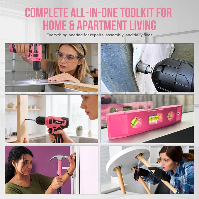 Hi-Spec 8V Cordless Drill Set & Starter Tool Kit for Women, Pink | Ladies, USB Drill Driver, Essential Hand Tools, Compact, Tidy Home Projects, Screwdriving, Repairs, Light-Duty