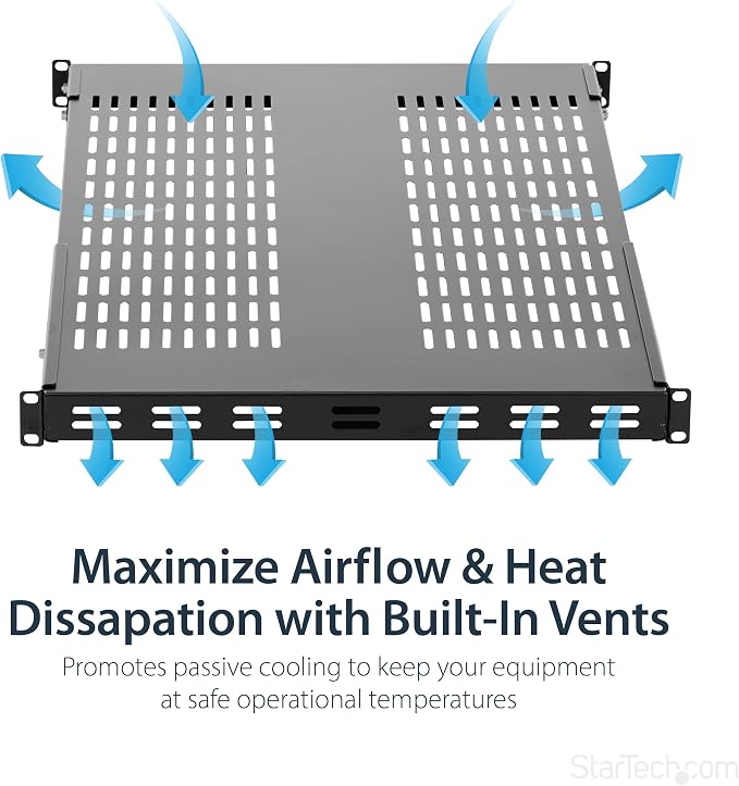 StarTech.com 1U 4-Post Adjustable Vented Server Rack Mount Shelf - 330lbs(150 kg) - 19.5 to 38in Adjustable Mounting Depth Universal Tray 19" AV/ Network Equipment Rack - 27.5in Deep (ADJSHELFHDV) | 19.5-38in adjustable mounting depth, 27.5in deep univ...