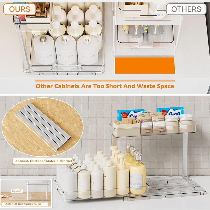 Yieach 2 Pack 14.6″ Deep Pull Out Under Sink Organizer,12.8″ High 2 Tier Slide Out Cabinet Organizer for Kitchen Cabinet,Undersink Organizers,Under Sink Shelves,Bathroom Organizers and Storage,Clear