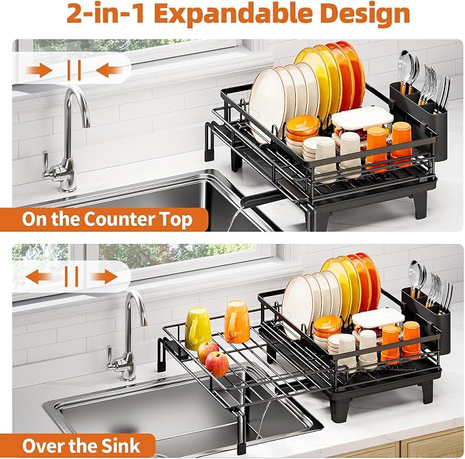Urackify Dish Drying Rack - Large Dish Racks for Kitchen Counter, Extendable Sink Dish Drainer, Rustproof Dish Strainer with Utensil Holder, 1 Tier Black