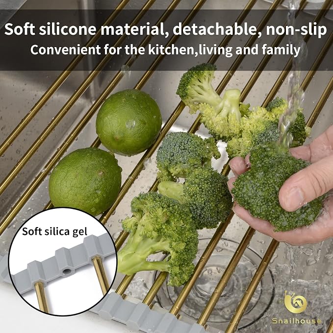 Snailhouse Roll Up Dish Drying Rack, Stainless Steel Dish Drainer Over The Sink with Anti-Slip Silicone for Kitchen Counter, Gold (17.8 x 11.8 in) | Stainless Steel Dish Drainer Over the Sink with Anti-Slip Silicone