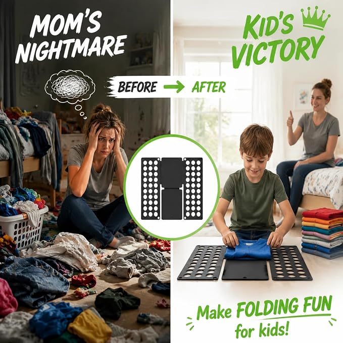 Mini Toddler Shirt Folding Board - Ages 1-7 Black, Builds Independence | great for Montessori laundry, lightweight PP, smooth rounded edges, quick & simple, develops confidence & skills, stores flat