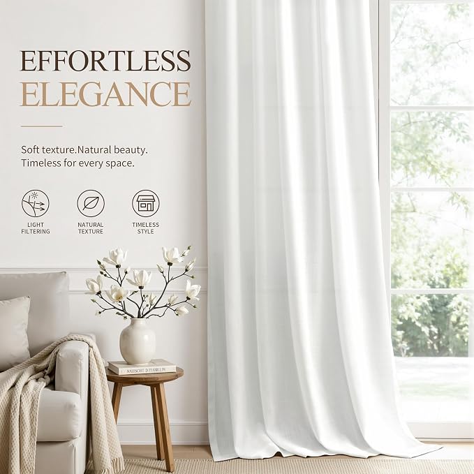 Hokibero Off White Linen Curtains 120 Inches Long for Living Room 2 Panels | Light Filtering Sheer Curtain, Back Tab Rod Pocket Pleated Look, Textured Privacy Drapes for Bedroom Window, Boho Farmhouse