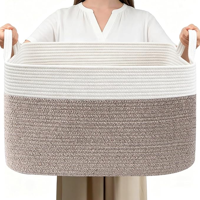96L Laundry Basket with Handles, Extra Blanket Basket, White/Brown | 24"×16"×15" Collapsible Cotton Rope Storage Basket for Toys Clothes & Pillows, Nursery, Bathroom, Bedroom, Living Room