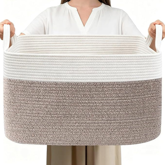 96L Laundry Basket with Handles, Extra Blanket Basket, White/Brown | 24"×16"×15" Collapsible Cotton Rope Storage Basket for Toys Clothes & Pillows, Nursery, Bathroom, Bedroom, Living Room