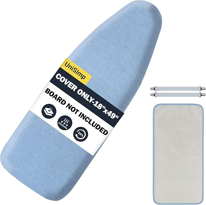 UniSimp Ironing Board Cover and Pad 18"x49" Extra Thick Natural Cotton, Scorch and Stain Resistant Iron Board Cover, Wide Ironing Board Cover with Fasteners Heavy Duty Heatproof Elastic Edge Blue