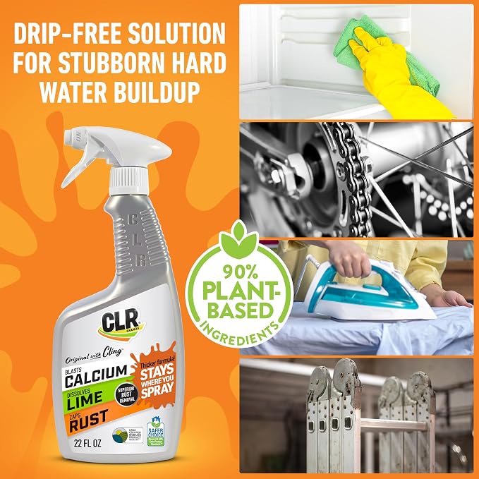 CLR Brands Calcium, Lime and Rust Remover with Cling, 22 oz. Spray Bottle | Adheres to Hard-to-Reach Surfaces, Blasts Calcium, Dissolves Lime Deposits, Zaps Stubborn Rust Stains and Hard Water Deposits