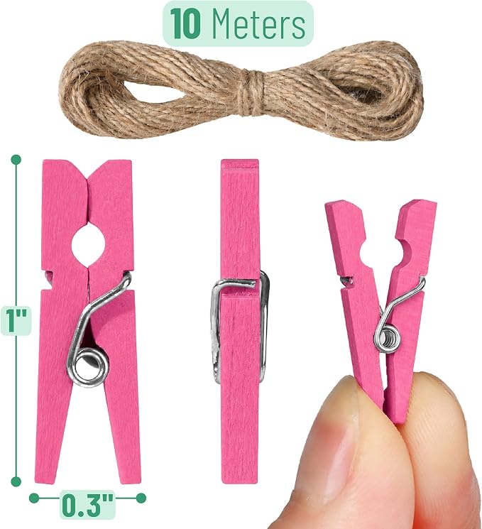 Mr. Pen- Mini Wooden Clothes Pins for Photo, 1 Inch, 200 Pack, Pink Small Clothespins with 10 Meter Jute Twine for Scrapbooking, Labeling Plants, Gift Tags, Tiny Crafts, Photo Display, Decoration