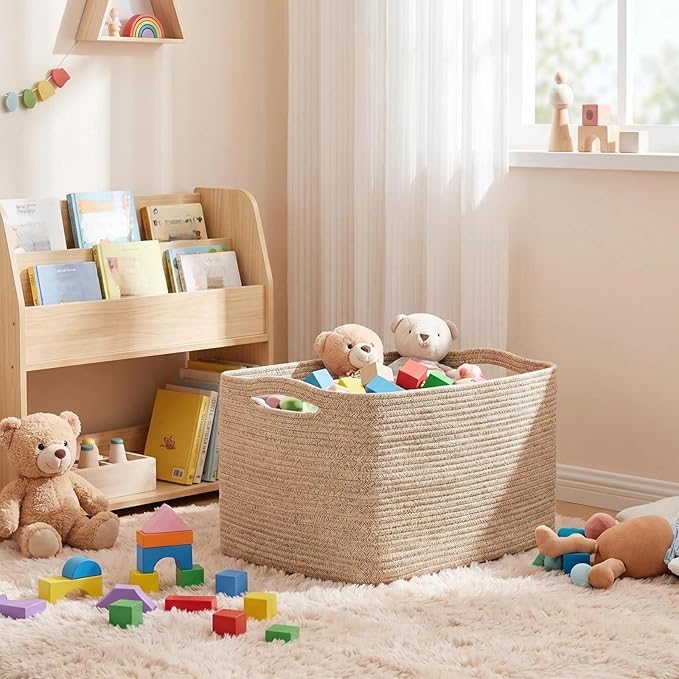 Optish 95L Large Blanket Basket, Woven Storage Baskets with Reinforced Handles, Rope Laundry Basket for Living Room, Bedroom, Nursery, Toys, Clothes,Pillows, 24” x 17” x 13.5”, Brown