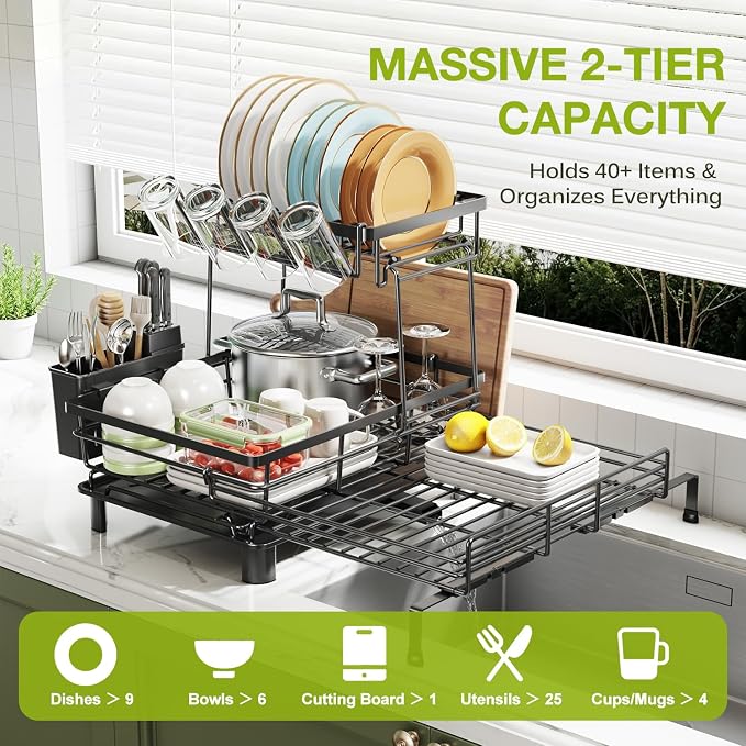 2-Tier Expandable Dish Drying Rack, Kitchen Counter Pink | Large Capacity Kitchen Organization, Heavy-Duty Carbon Steel, Swivel Drain Spout, Cup Hooks & Utensil Holder
