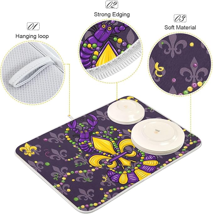Happy Mardi Gras Purple Dish Drying Mat for Kitchen Countertop 16x18 Fleur de Lis Lobster Small Drying Mat Reusable Quick Dry Dish Sink Mats Easy Clean Decorative Essentials