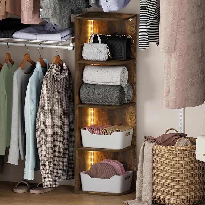 Furinno PASIR Corner Closet Organizer with LED Lights, 4-Tier, Amber Pine | 9.3 x 12 x 41.4, LED Closet Organizers and Storage, Open Shelves Closet Storage for Wardrobe, Bedroom, Entryway