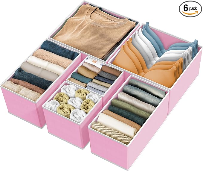Simple Houseware Underwear Drawer Organizer, Set of 6, Pink | for Lingerie/Undergarment/Bra/Panty/Sock/Onesie
