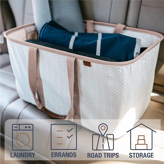CleverMade LUXE Collapsible Laundry Tote, 50L, 2 Pack, Mocha | Cotton-blend fabric and vegan leather accents add a polished look. Long handles balance 55 lb loads, and the tote folds flat.