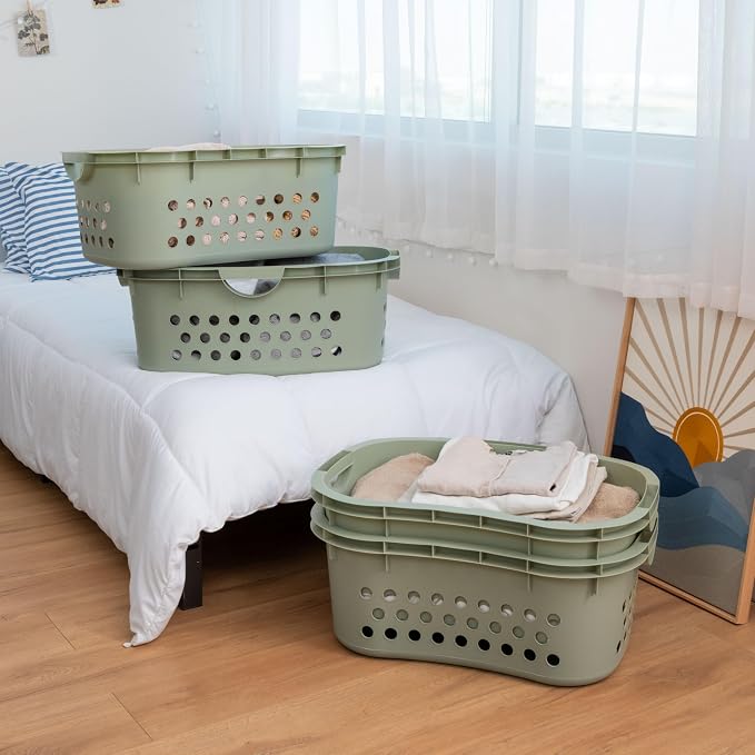IRIS USA Laundry Basket, 51L Plastic Hip Hold Hamper, 4 Pack, Sage Green | Lightweight ventilated laundry basket with hip-hold handles for everyday clothes, towels, and bedding.