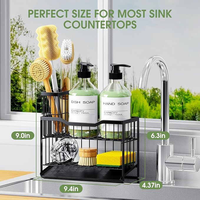 2-Tier Rustproof Sponge Holder for Kitchen Sink, Black | Self-Draining Sink Caddy, Non-Slip Base, Removable Brush Holder, Space-Saving Countertop Organizer, Fits Most Kitchen Sinks