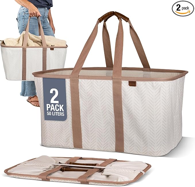 CleverMade LUXE Collapsible Laundry Tote, 50L, 2 Pack, Cream | Cotton-blend fabric and vegan leather accents add a polished look. Long handles balance 55 lb loads, and the tote folds flat.