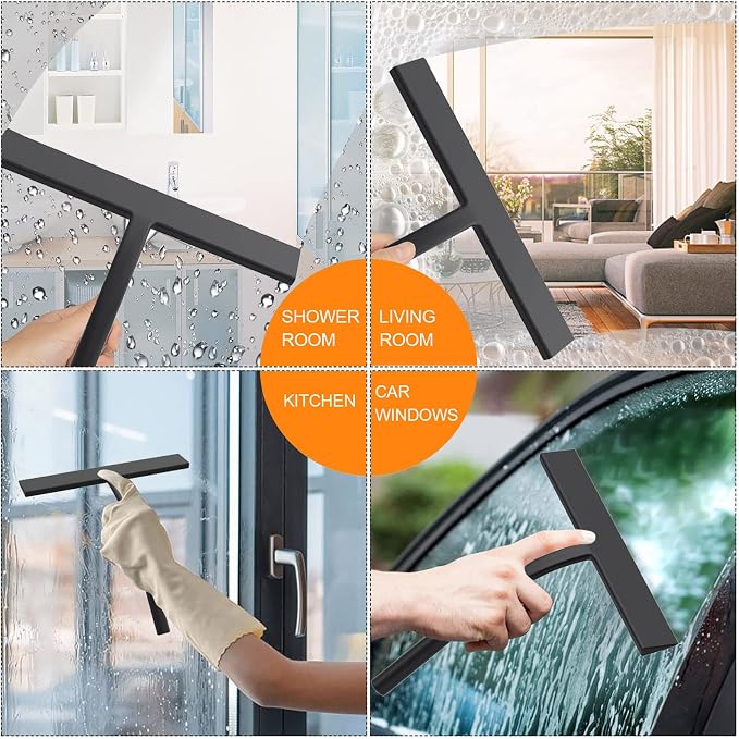 Silicone Shower Squeegee, Black, 9 inch | All-Purpose, For Shower Glass Door Window Mirror Tile Car Walls, 2 Hooks Included, Bathroom Accessories