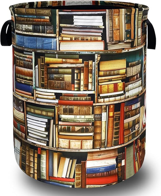 Retro Bookshelf Laundry Basket Oxford Cloth Hamper 18.9"x16.5" | Retro Books Laundry Hamper With Handle Foldable Portable Clothes Storage Laundry Bag For Laundry Room/Bedroom/Bathrooms