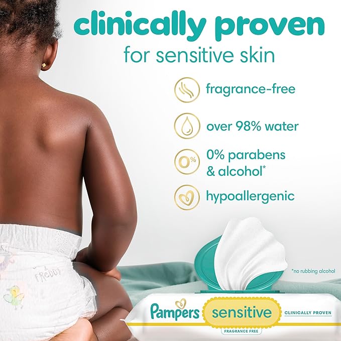 Pampers Sensitive Baby Wipes, Clinically Proven, Fragrance Free, Unscented, Water Based, Hypoallergenic, Multi-Use, Hand Wipes 168 Wipes Total (2X Flip-Top Packs) [Packaging May Vary]