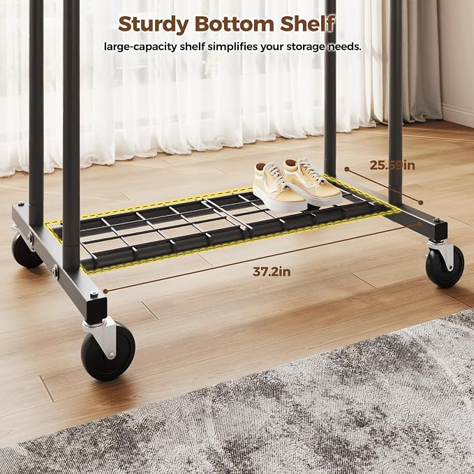 HYSEYY Heavy Duty Clothes Rack, Rolling Clothing Rack for Hanging Clothes with Shelves Load 700LBS,Portable Garment Wardrobe Closet Rack with Wheels for Bedroom,Laundry Room,Retail Store,Black
