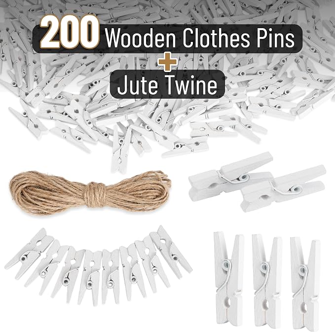 Mr. Pen- Mini Wooden Clothes Pins for Photo, 1 Inch, 200 Pack, White Small Clothespins with 10 Meter Jute Twine for Scrapbooking, Labeling Plants, Gift Tags, Tiny Crafts, Photo Display, Decoration