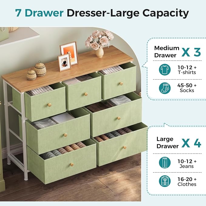 OLIXIS 7 Drawer Closet Organizer, Storage Tower with Sturdy Steel Frame | Dresser for Bedroom, Wooden Top & Easy Pull Fabric Bins, Clothes Organization, Living Room Entryway, Light Green