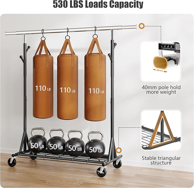 Gewudraw Clothes Rack Heavy Duty 530 LBS Capacity, Portable, Foldable,Black | Rolling Clothing Rack With 4" Wheels, Shelf, Hooks, Adjustable, Collapsible, Garment Rack for Wardrobe,Bedroom, Laundry Room