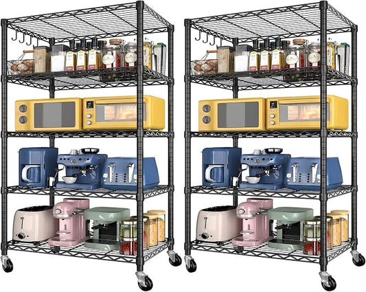 Wire Storage Shelves with Wheels: 5 Tier Adjustable Metal Shelving Unit, Heavy Duty Bakers Rack Rolling Pantry Shelf Organizer for Closet, Kitchen, Laundry 24" W x 18" D x 75" H, Black, 2PCS
