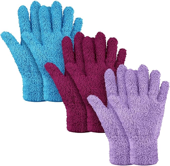 Patelai 3 Pairs Microfiber Plant Dusting Gloves Leaf Cleaning Gloves for Indoor Plants, Blinds, Furniture, House (Reddish Violet,Blue,Purple,Medium)