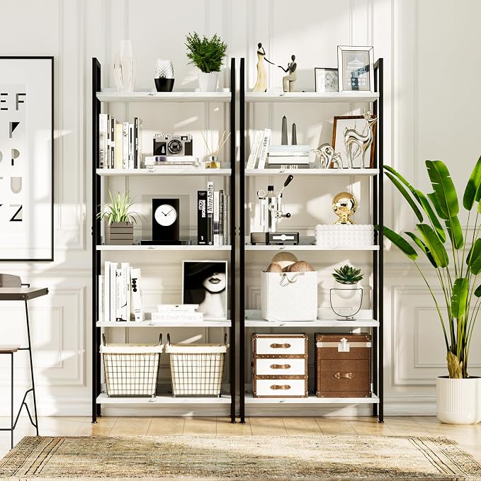 NUMENN Bookshelf, 5 Tier Freestanding Shelving Unit, White Marble | Metal Frame & Wood Shelves, Falling Prevention Baffle, Open Storage Bookcase for Bedroom, Living Room & Home Office