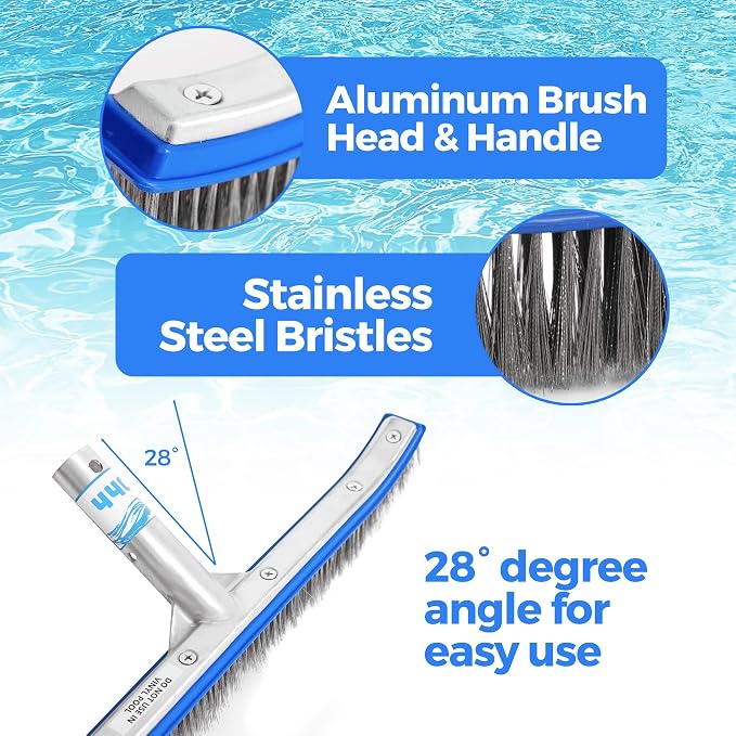 40 Heavy Duty Pool Brush - 18-inch Extra-Wide Metal Brush Head with Stainless Steel Wire Bristles & Curved Edges for Cleaning Pool Tiles, Walls, Floor, Steps - No use in Vinyl Liner-Fiberglass Pool