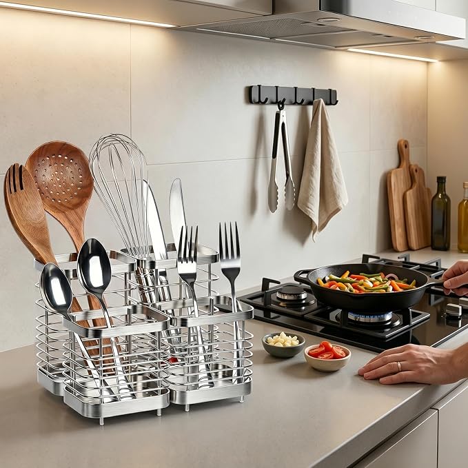 Utensil Holder, Stainless Steel Utensil Drying Rack for Kitchen Counter, Silverware Cutlery Flatware Holder Forks, Knives, Spoons, Chopsticks Organizer (2 Large + 2 Small)