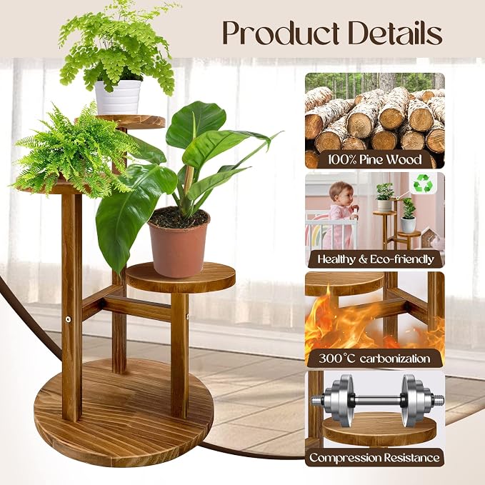 GEEBOBO 3 Tier Plant Stand Indoor, Tiered Wood Plant Stand for Indoor Plants, 21" Height Space Saving Small Corner Plant Shelf, Plant Stands for Tabletop, Balcony, Living Room (Brown)
