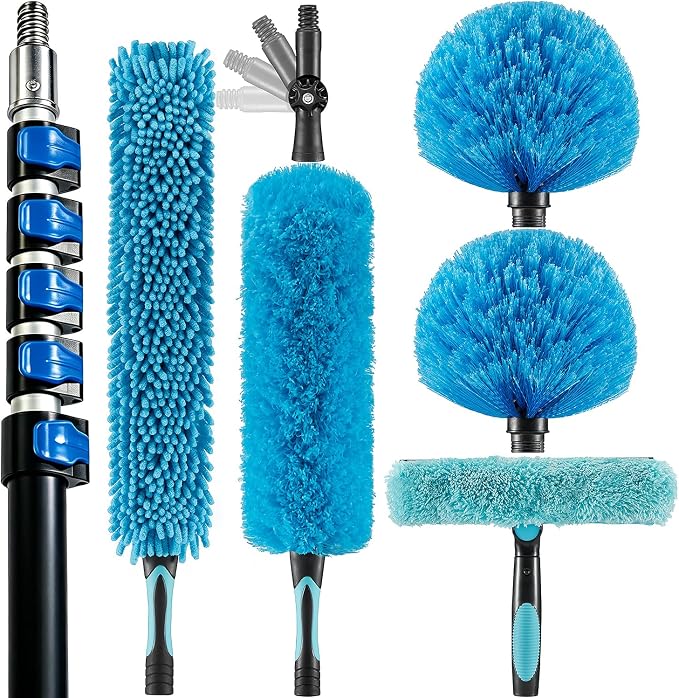 36 Foot High Ceiling Fan, Cobweb Duster with 5-30ft Extension Pole | Extendable, Reusable Feather, Window Cleaning Squeegee Kit