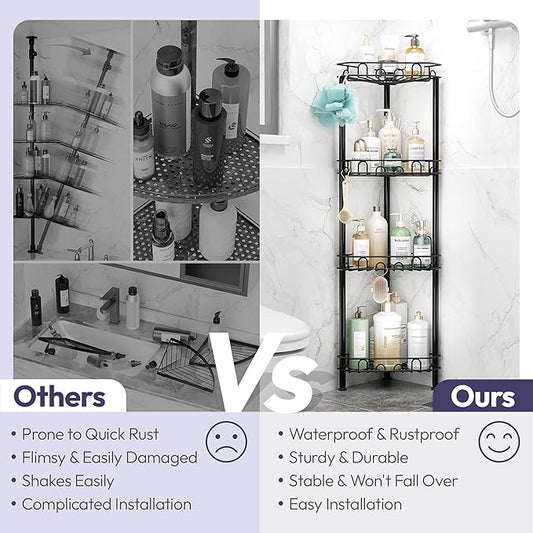 SWTYMIKI Standing Shower Caddy Corner - 4‑Tier Stainless Steel Shower Organizer Shelf with 16 Hooks and Adhesive Pads, Rustproof Corner Shelves Stand Rack for Bathroom Shower Room, Black