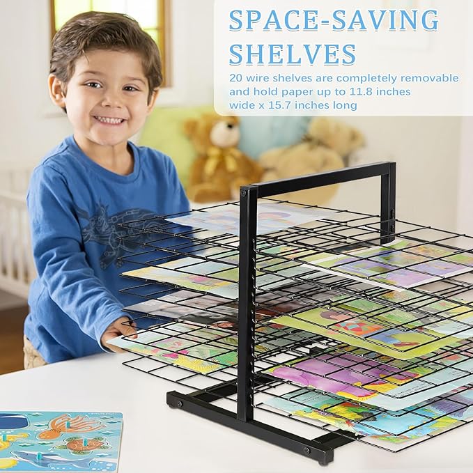 20 Shelves Art Drying Rack for Classroom, Paint Drying Rack, Black | Drying Rack Classroom, Metal Desktop, Artwork Storage Display for Classroom Painting Crafts