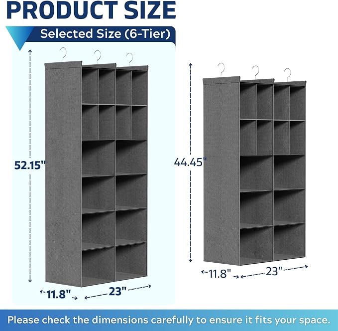 Ofiray-home 6 Tier Hanging Closet Organizer, 16 Compartments Sweater Organizer for Closet with 3 Sturdy Hooks, Closet Organizers and Storage, Wardrobe, Rv, Garment Rack, Grey